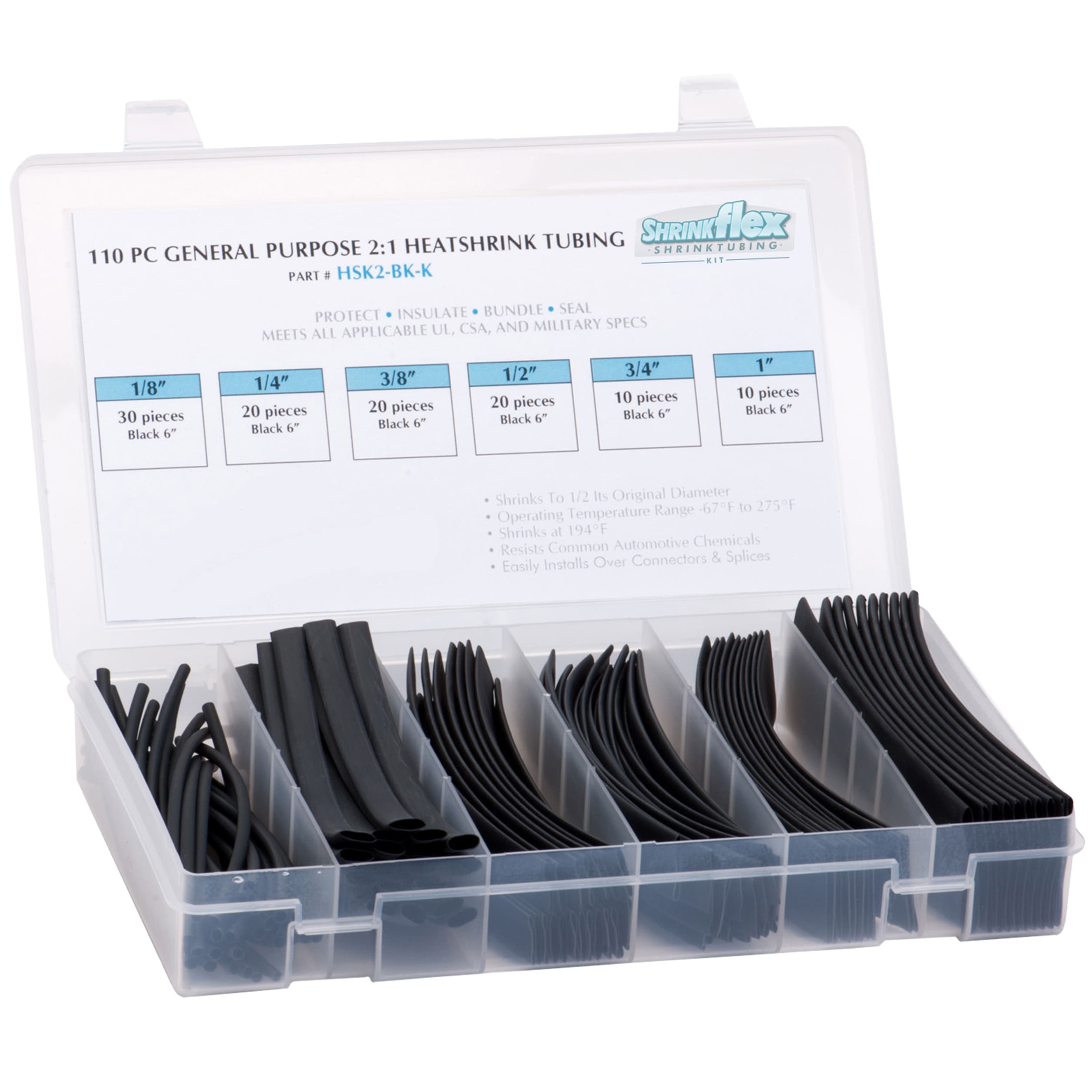 HSK2-K-BK - Shrinkflex® 2:1 Heatshrink Kits - Box-110-pcs  - Black