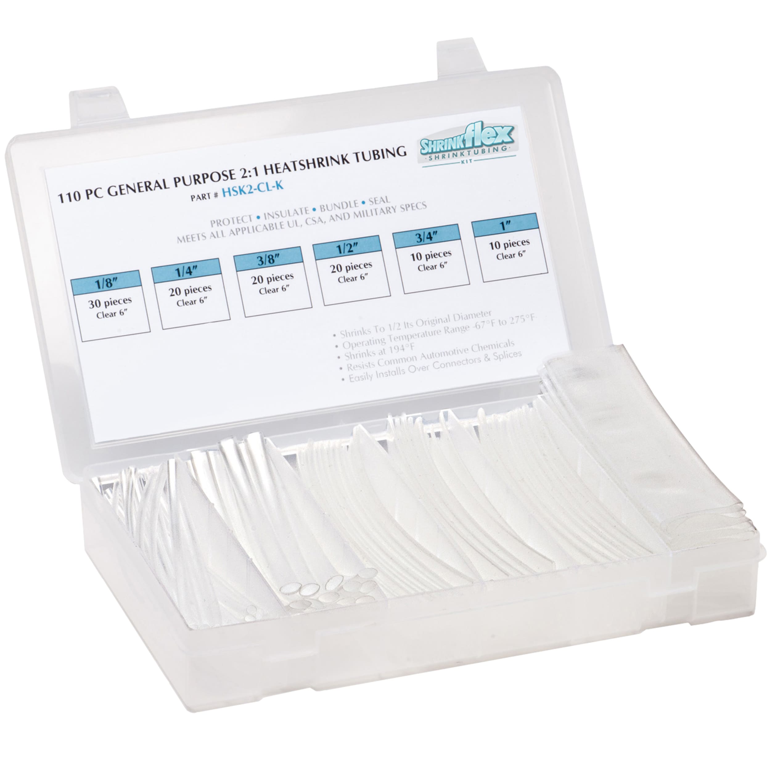 HSK2-K-CL - Shrinkflex® 2:1 Heatshrink Kits - Box-110-pcs - Clear