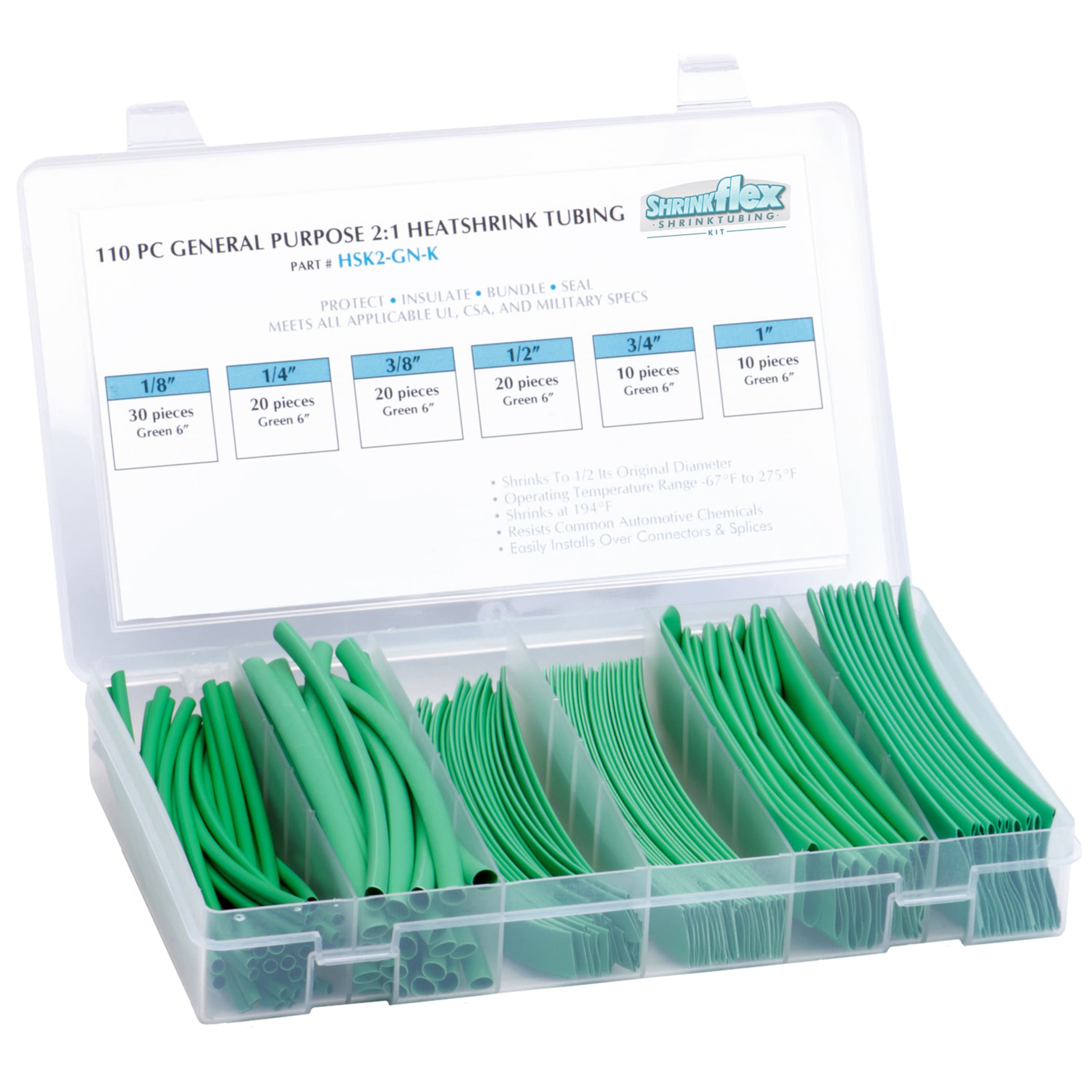 HSK2-K-GN - Shrinkflex® 2:1 Heatshrink Kits - Box-110-pcs  - Green