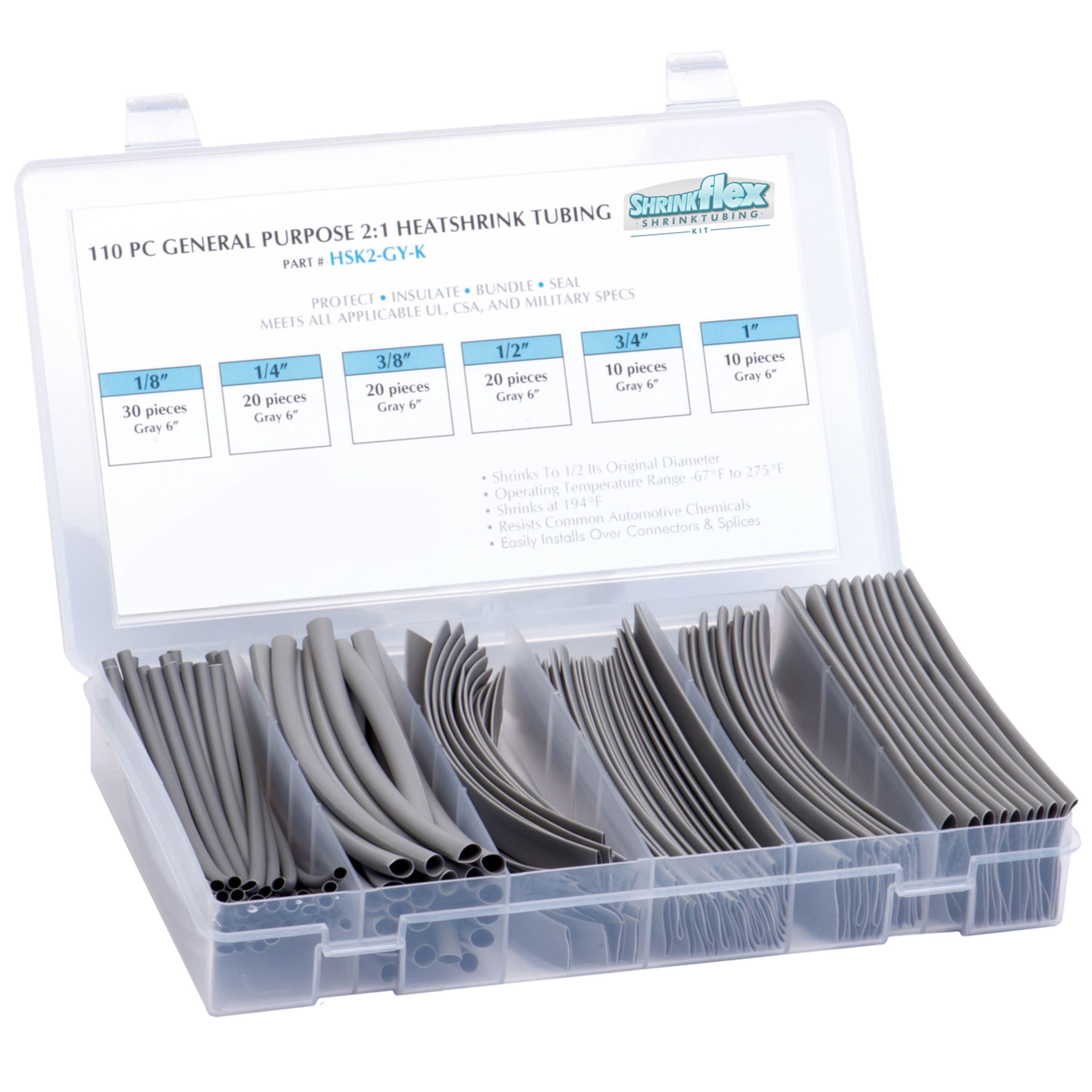 HSK2-K-GY - Shrinkflex® 2:1 Heatshrink Kits - Box-110-pcs  - Gray main product photo