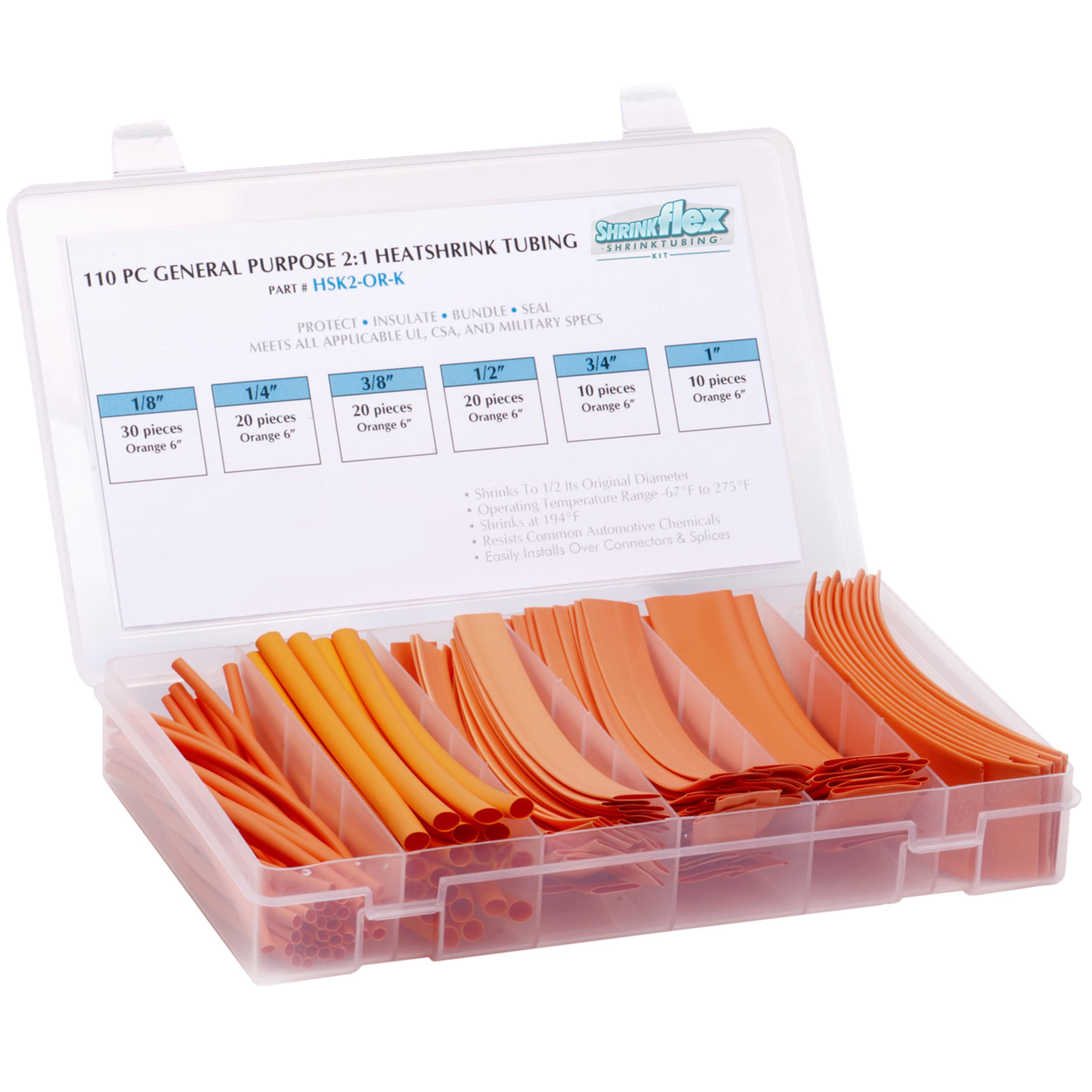 HSK2-K-OR - Shrinkflex® 2:1 Heatshrink Kits - Box-110-pcs - Orange main product photo