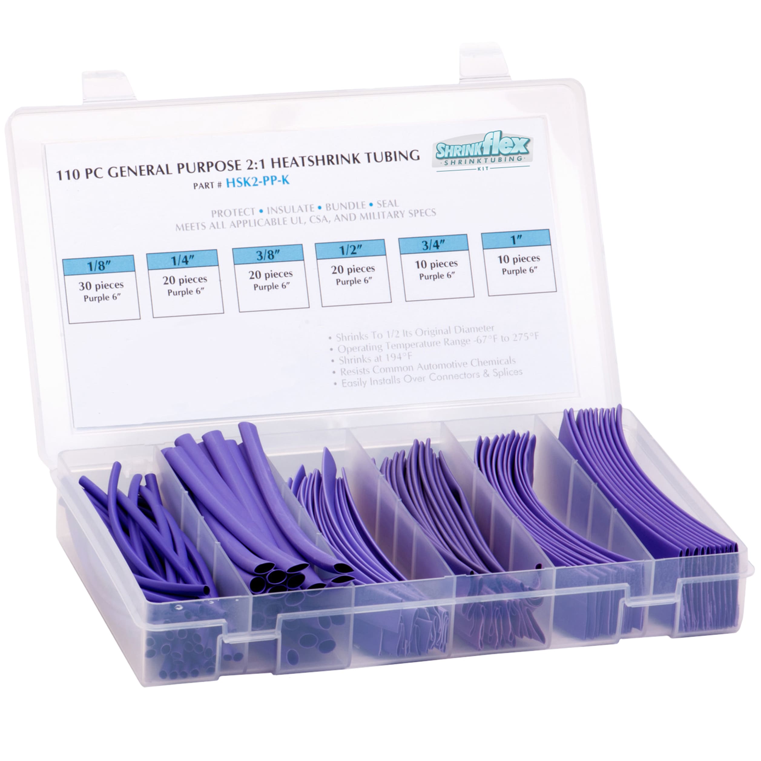 HSK2-K-PP - Shrinkflex® 2:1 Heatshrink Kits - Box-110-pcs - Purple
