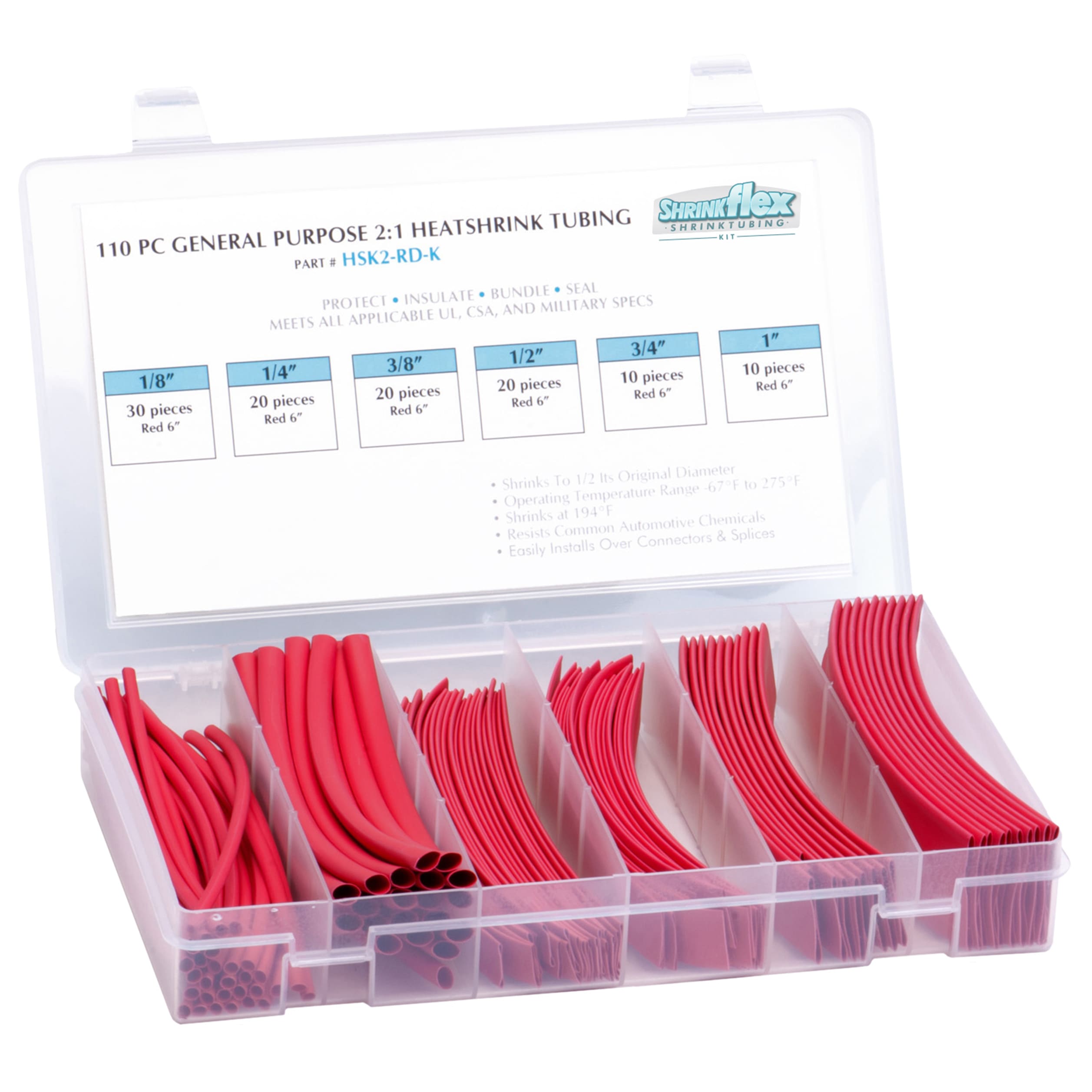 HSK2-K-RD - Shrinkflex® 2:1 Heatshrink Kits - Box-110-pcs  - Red