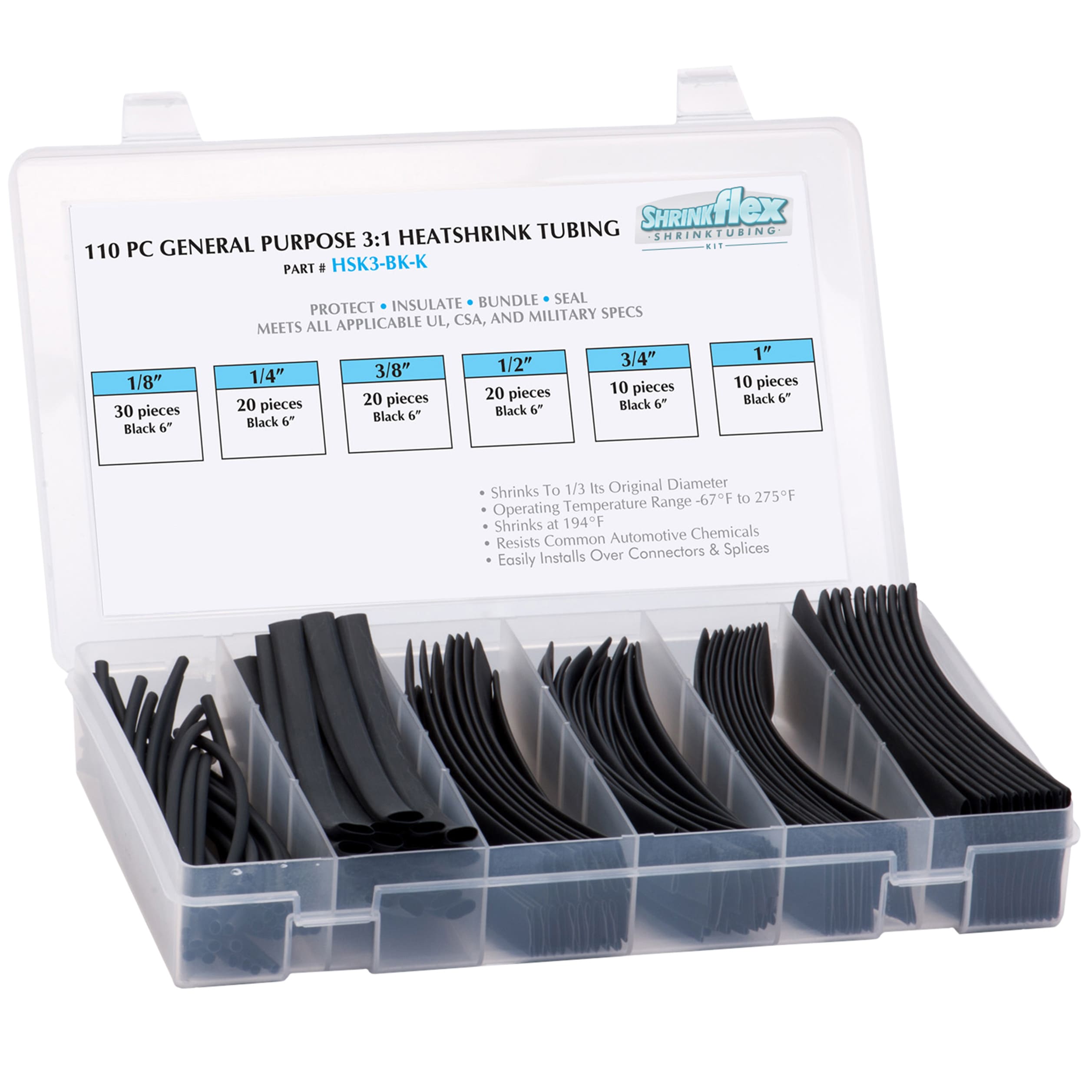HSK3-K-BK - Shrinkflex® 3:1 Heatshrink Kits - Box-110-pcs  - Black