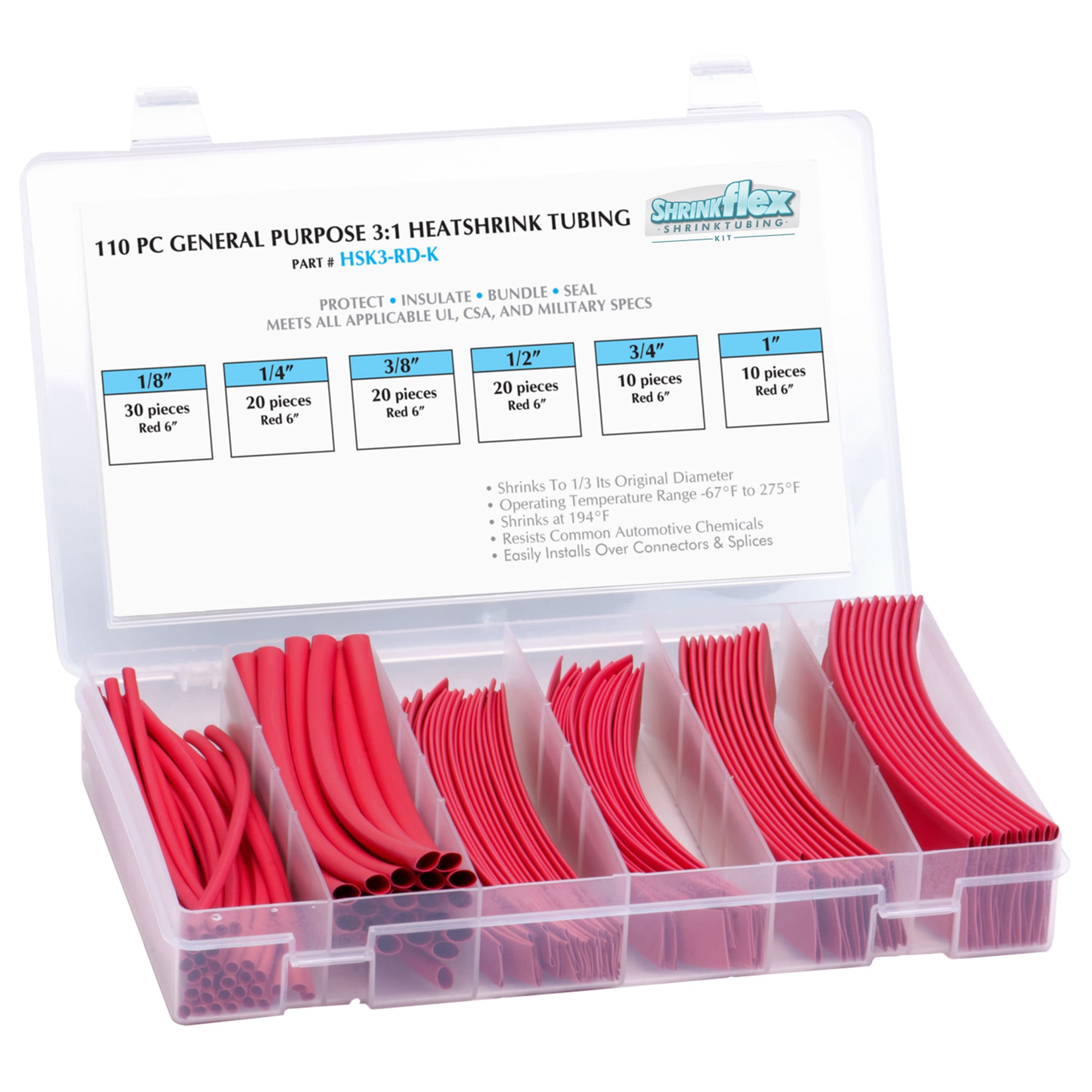 HSK3-K-RD - Shrinkflex® 3:1 Heatshrink Kits - Box-110-pcs  - Red
